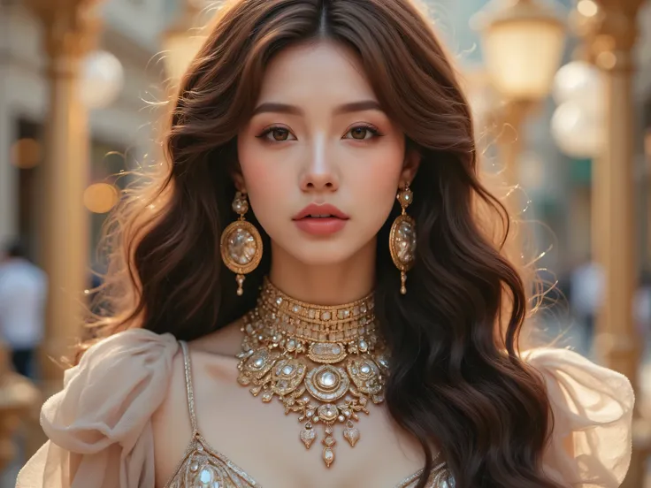 (perfect body, exquisite face, best quality: 1.2), Korean beauty model, diamond earrings, sexy and beautiful, long golden brown wavy curly hair, long flowing hair, wearing a futuristic haute couture dress full of metallic texture and soft tones, multi-laye...