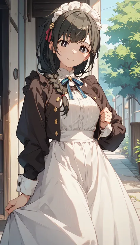 1 girl、yuki yokoya、Maid、long skirt getting banged by、 blue ribbon、uncensored、black eyes、bright pupils、single braid、hair over shoulder、swept bangs、is smiling、