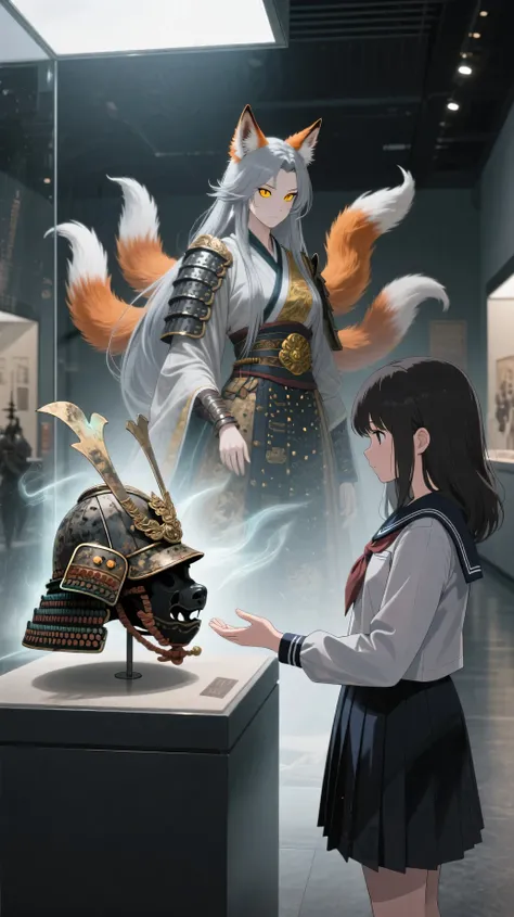 a cinematic anime-style scene set inside a dimly lit modern museum. A Japanese high school girl in uniform stands still before a display case containing a worn, ornate samurai helmet from the Sengoku era. As she gazes at it, a mystical presence appears beh...