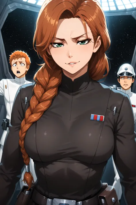 Masterpiece, highly detailed, character, Star Wars, beautiful mature woman, athletic body, auburn hair, over the shoulder braid hair, long hair, toned, medium breasts, green eyes, tsurime eyes, narrow eyes, cruel expression, fair skin, Imperial Admiral’s u...
