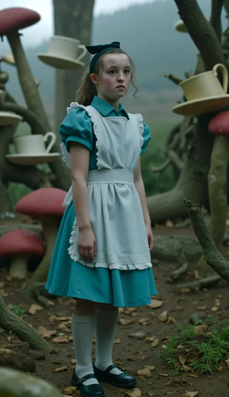 Bella Ramsey as Alice in Wonderland, standing, surreal whimsical forest, oversized mushrooms, floating teacups, twisted trees, classic Victorian-style blue dress, white apron, black Mary Jane shoes, black headband, curious and thoughtful expression, gazing...