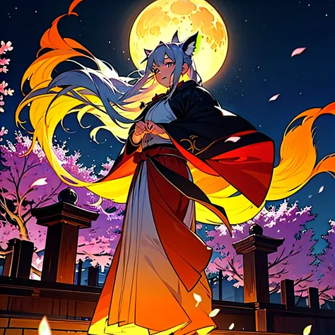with flowing silver hairs and shining eyes、The mysterious spirit of the nine-tailed fox, Standing under the full moon. its nine majestic tails spread out, Shining with fox fire. ancient cherry blossoms dancing gently in the night wind. A mountain shrine sh...