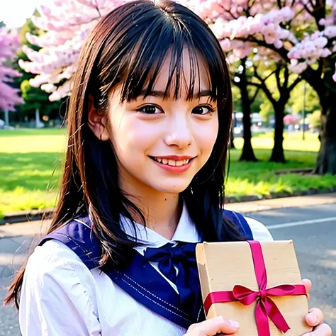 A breathtakingly beautiful 20-year-old woman stands in a lush park filled with cherry blossoms in full bloom beneath a clear blue sky. She wears a classic sailor uniform and gently holds a small, neatly wrapped gift box adorned with a red ribbon. Her radia...