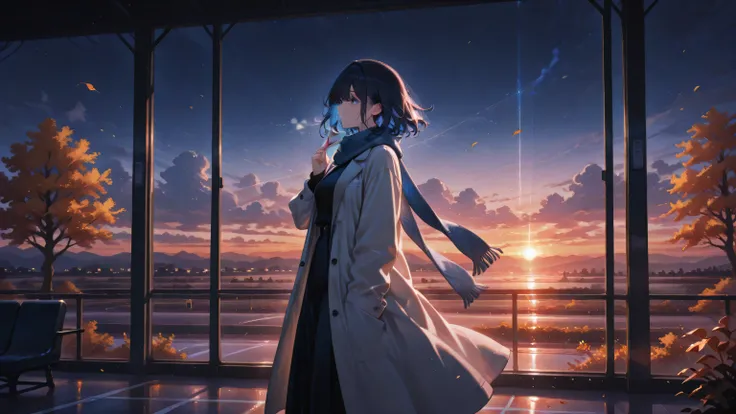 masterpiece, one girl, black medium hair, short cut, blue inner hair,  asian, blue eyes, standing alone at an airport during twilight, holding a letter in her hand, wearing a soft scarf and long coat, autumn leaves falling around her, nostalgic and emotion...