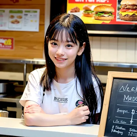 She is a cheerful girl working behind the counter at a cozy burger shop. She is wearing a cute burger shop uniform and smiling warmly at the customers. The background shows a bright and clean fast food counter with menu boards. long hair, dark hair, dark e...