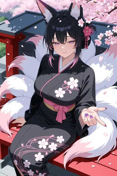 masterpiece, best quality, amazing quality, very aesthetic, colorful, rating:safe, from above, 1girl, mature female, kitsune, kyuubi, aged up, sitting, hanami, half-closed eyes, light smile, looking at viewer, beckoning, tapping side, folded hair, black ha...