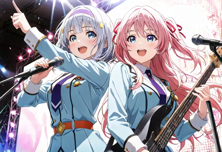 ((ultra-detailed)), (highly detailed CG illustration), (best quality:1.2), ultra-highly detailed, colorful composition, artistic photoshoot, 2girls, duo focus, Yuri:1.3, back-to-back:1.4, upper body:1.2, cowboy shot, moe anime character, super popular supe...