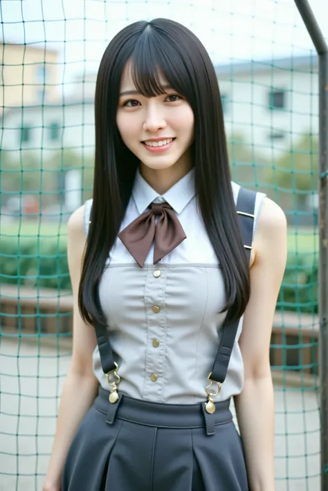 (photorealistic: 1.4), top quality, very delicate and beautiful, high res, 1girl, Tifa_lockhart, smile, cowboy shot with a close cute face, suspenders, low rise, miniskirt by kouenn, tank top, nervous shirt, black hair, long hair, Elbow pads, Beautiful and...