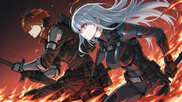 ultra-detailed seinen manga panel, extreme inkwork, heavy cross-hatching, in the style of Kentaro Miura and Kakizaki Masasumi. A tall, pale-skinned woman named Kyouka with silver hair soaked in blood, wearing a torn black tactical bodysuit revealing intric...