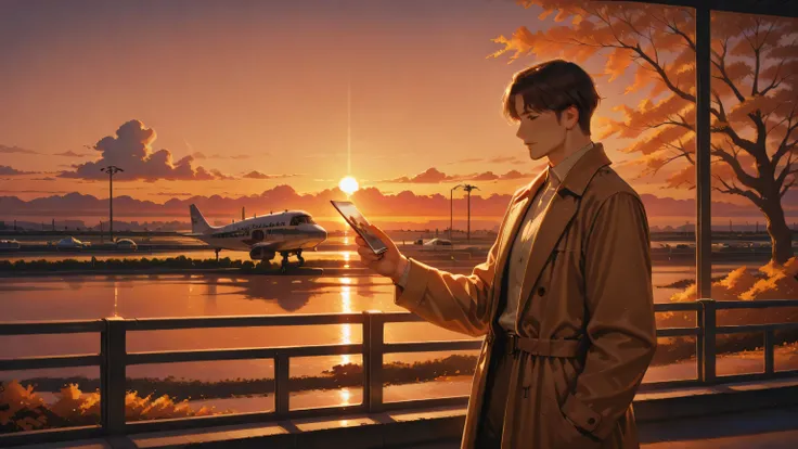 A man, wearing brown long coat, standing alone at an airport during sunset, holding a photo of his childhood girl friend. Soft warm light, autumn atmosphere, realistic anime style, bittersweet expression, cinematic composition, emotional lighting, detailed...