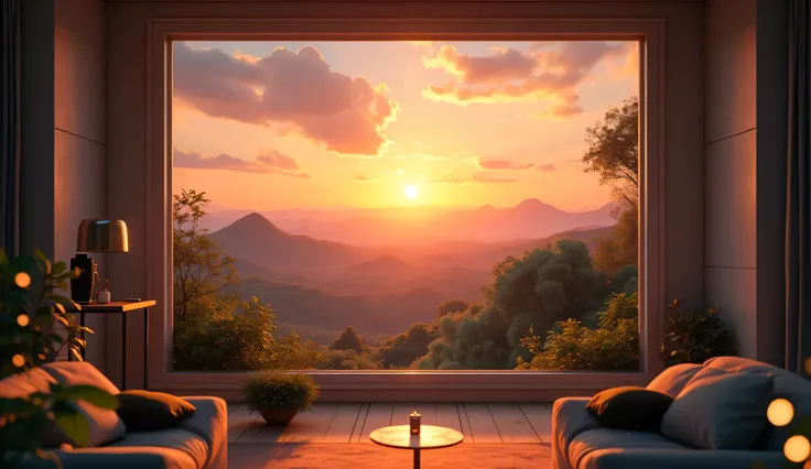 Scenery seen from the window,Windowside with a view of the sunset、high quality realistic 3d rendering,precise texture,Sparkling night view,Deep Color,sophisticated composition,Charming Atmosphere,Delicate Details,Exquisite Bokeh ,Masterpiece