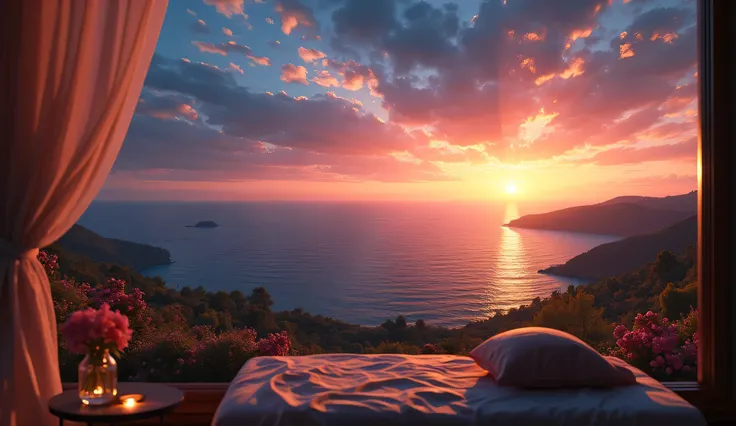 Scenery seen from the window,Windowside with a view of the sunset、high quality realistic 3d rendering,precise texture,Sparkling night view,Deep Color,sophisticated composition,Charming Atmosphere,Delicate Details,Exquisite Bokeh ,Masterpiece,sea