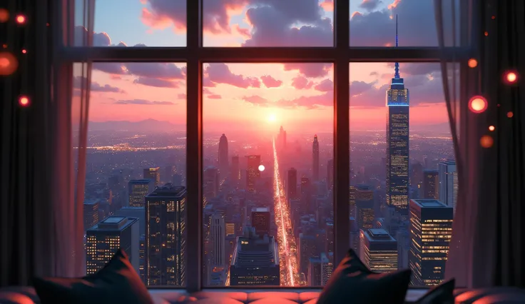 Scenery seen from the window,Windowside with a view of the sunset、high quality realistic 3d rendering,precise texture,Sparkling night view,Deep Color,sophisticated composition,Charming Atmosphere,Delicate Details,Exquisite Bokeh ,Masterpiece,City,skyscrape...