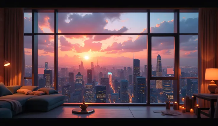 Scenery seen from the window,Windowside with a view of the sunset、high quality realistic 3d rendering,precise texture,Sparkling night view,Deep Color,sophisticated composition,Charming Atmosphere,Delicate Details,Exquisite Bokeh ,Masterpiece,City,skyscrape...