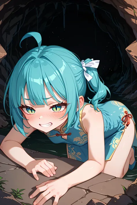 china dress, no straps, clean neckline, mini dress, thigh-length, chic & playful, dress length is quite short, china dress style ethnic costume mixed with green, pink, and white, slit goes up to the waist, short hair, side ponytail, white hair ribbon, aqua...