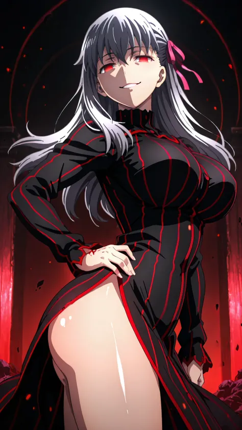 1girl, solo, ,matou sakura , Dark Persona , corruption, striped dress, Black Dress, Turtleneck, gray hair, Red Eyes, , ,ufotable style, ufotable anime.big breasts、big ass、straight long hair,high resolution, masterpiece, necessary, detail, best quality, qua...