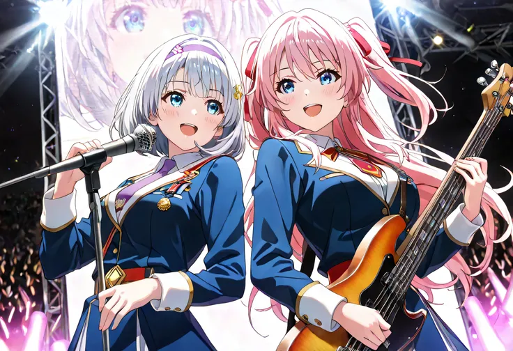 ((ultra-detailed)), (highly detailed CG illustration), (best quality:1.2), ultra-highly detailed, colorful composition, artistic photoshoot, 2girls, duo focus, Yuri:1.3, back-to-back:1.4, upper body:1.2, cowboy shot, moe anime character, super popular supe...