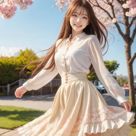 (masterpiece,best quality: 1.4),(8k,raw photo,photo realistic:1.2),shiny skin, detailed skin,detailed face,detailed eyes,Japanese idol,beautiful face,cherry blossom trees, under cherry blossom trees, one beautiful woman, beautiful Japanese woman, well-deve...