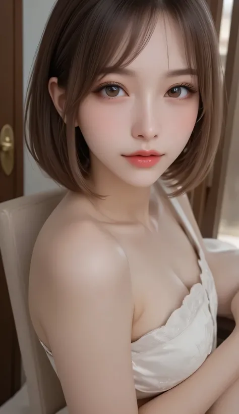 top quality, white skin, Fine skin, (detail), super high resolution, (8k, Original photo, realistic: 1.4), A beautiful woman fidgets in front of a door, Slim, (kind, Eyes Like a Goddess) Happiness: 1.2), Beautiful Detailed Face, (short bob), lip gloss, (to...