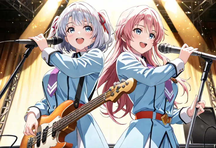 ((ultra-detailed)), (highly detailed CG illustration), (best quality:1.2), ultra-highly detailed, colorful composition, artistic photoshoot, 2girls, duo focus, Yuri:1.3, back-to-back:1.4, upper body:1.2, cowboy shot, moe anime character, super popular supe...