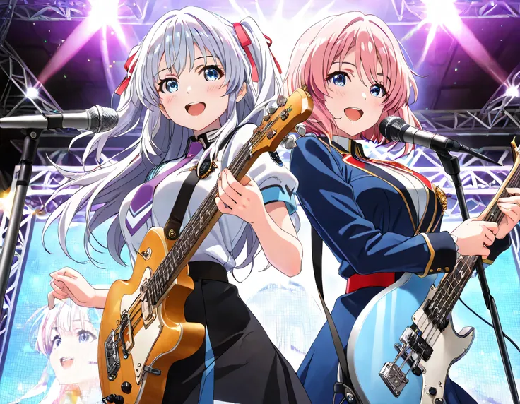 ((ultra-detailed)), (highly detailed CG illustration), (best quality:1.2), ultra-highly detailed, colorful composition, artistic photoshoot, 2girls, duo focus, Yuri:1.3, back-to-back:1.4, upper body:1.2, cowboy shot, moe anime character, super popular supe...