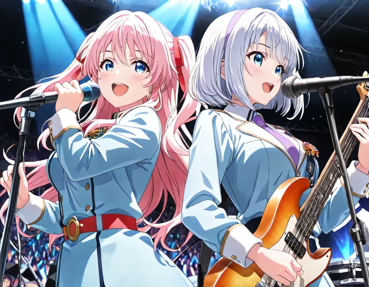 ((ultra-detailed)), (highly detailed CG illustration), (best quality:1.2), ultra-highly detailed, colorful composition, artistic photoshoot, 2girls, duo focus, Yuri:1.3, back-to-back:1.4, upper body:1.2, cowboy shot, moe anime character, super popular supe...