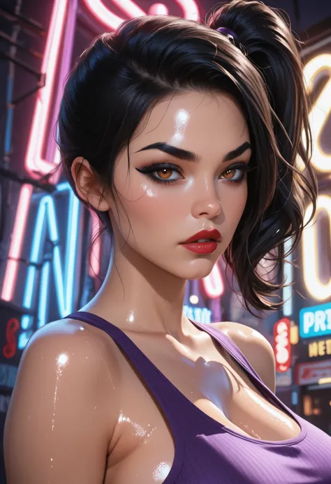 woman, (perfect face), detailed pupils, side ponytail, black hair, black thin eyebrows, brown eyes, purple eyeshadows, black eyeliners, nose, dark red lips, thick lips, parted lips, tank top, purple tank top, large breasts, ((neon light)), (((shiny skin)))