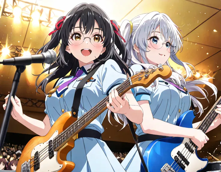 ((ultra-detailed)), (highly detailed CG illustration), (best quality:1.2), ultra-highly detailed, colorful composition, artistic photoshoot, 2girls, duo focus, Yuri:1.3, back-to-back:1.4, upper body:1.2, cowboy shot, moe anime character, super popular supe...