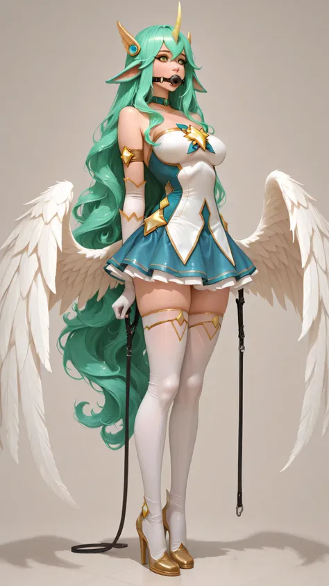 Reins, Ponyplay, piercingbit gag, hoof gloves, hoof heels, elbow gloves, thigh boots, hooves, hooves gloves,,Ponyplay , 1girl, green hair, horns,long hair, singe horn,soraka_star,star guardian \(league of legends\),bare shoulders,green eyes,animal ears,glo...