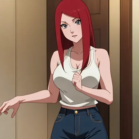 1girl, full_body, masterpiece, (1 girl), Kushina Uzumaki, large breasts, (neckline), (Whole body), long red hair, gray eyes, perfect body, beautiful body, anime screencap, milf, high-waisted jeans, white tank top.
