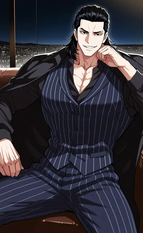 1male,solo,crocodile,black hair,medium hair,slicked back hair,black eyes,smirk,navy blue pinstrip vest,black shirt,black coat cape,navy blue pinstrip pants,big muscle,sitting on sofa,luxury room,night,lookism