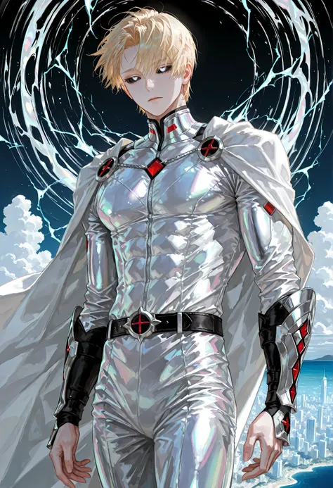 8k, beautiful masterpiece, looking ahead, alone, pale skin, Perfect Eyes shape, Athletic Build, ((He wears: black with silver and red accents = Magneto bodysuit, vambraces, cape, belt)), (((background is island with gigantic white city, is emotionless and ...