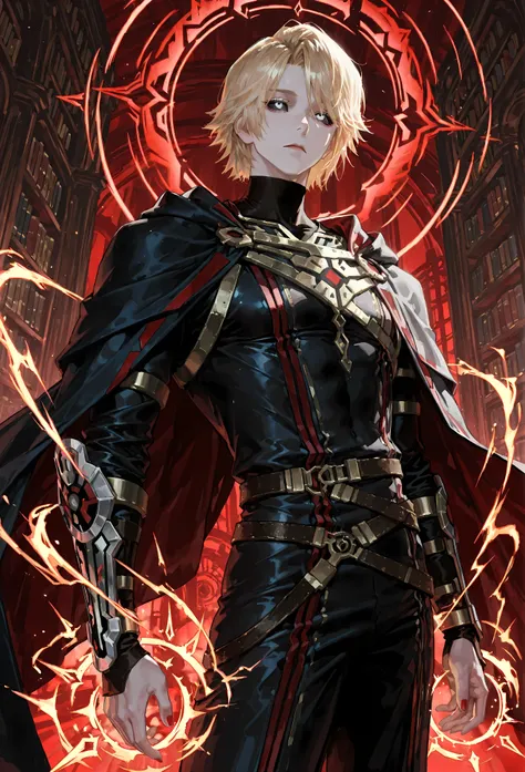 8k, beautiful masterpiece, looking ahead, alone, pale skin, Perfect Eyes shape, Athletic Build, ((He wears: black with silver and red accents = Magneto bodysuit, vambraces, cape, belt)), (((background is arcane library, is emotionless and somber while chan...