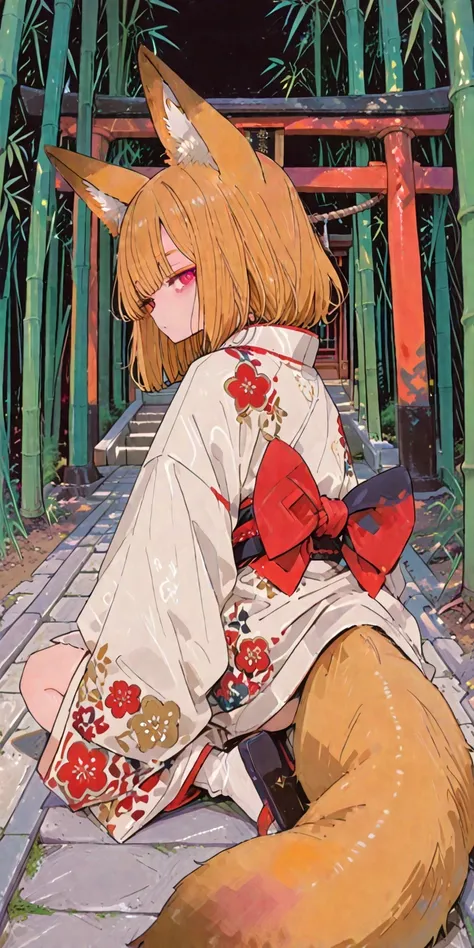 Background:shrine,In the precincts of Torii,bamboo forest,1girl,Young Fox Woman,Japanese style sexy kimono,Big fox ears,big fluffy fox tail,Fox,front,looking at viewers,dynamic pose,Backgroundは妖しく光っている,Anime Chic,Safe Content (masterpiece, 最High Quality, H...