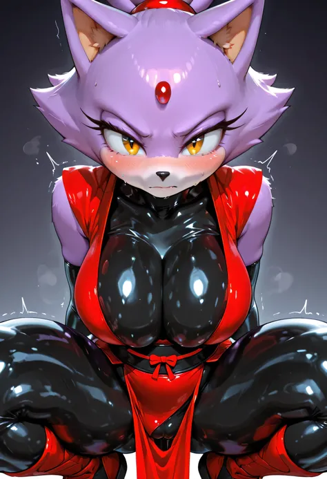 Anthro Blaze the Cat in a red ninja girl costume, skin-tight latex split by her hyper cleavage, crouched in combat pose with her lower half uncovered, skirt raised by the wind to fully expose her moist, throbbing pussy and inner thighs.