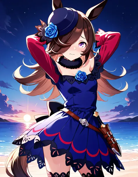 aarice, animal ears, horse tail, purple eyes, brown hair, hair over one eye, blue headwear, hat flower, tilted headwear, fur collar, blue dress, off-shoulder dress, blue rose, red sleeves, dagger, black thighhighs, high quality, solo, cowboy shot, (contrap...