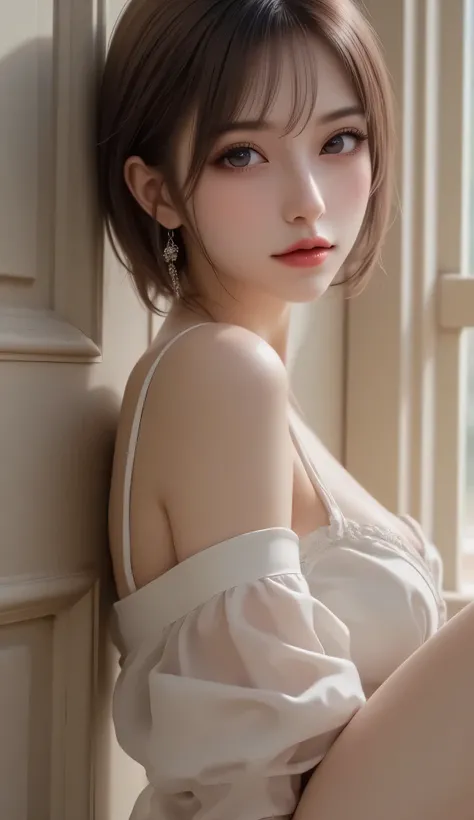 top quality, white skin, Fine skin, (detail), super high resolution, (8k, Original photo, realistic: 1.4), A beautiful woman fidgets in front of a door, Slim, (kind, Eyes Like a Goddess) Happiness: 1.2), Beautiful Detailed Face, (short bob), lip gloss, (to...