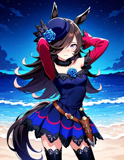 aarice, animal ears, horse tail, purple eyes, brown hair, hair over one eye, blue headwear, hat flower, tilted headwear, fur collar, blue dress, off-shoulder dress, blue rose, red sleeves, dagger, black thighhighs, high quality, solo, cowboy shot, (contrap...