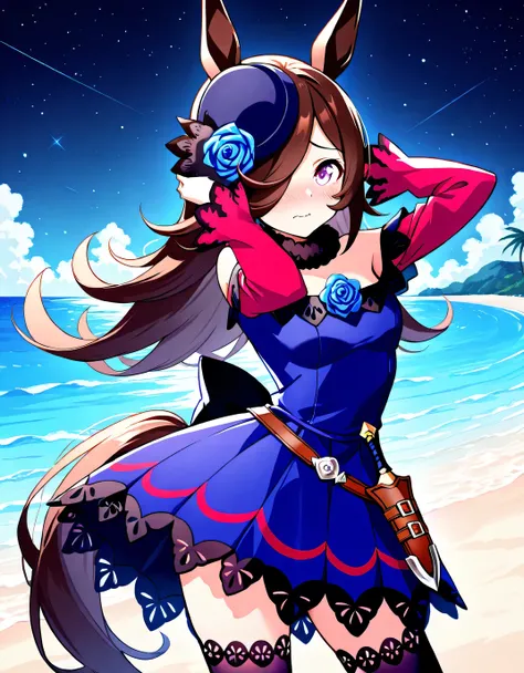 aarice, animal ears, horse tail, purple eyes, brown hair, hair over one eye, blue headwear, hat flower, tilted headwear, fur collar, blue dress, off-shoulder dress, blue rose, red sleeves, dagger, black thighhighs, high quality, solo, cowboy shot, (contrap...