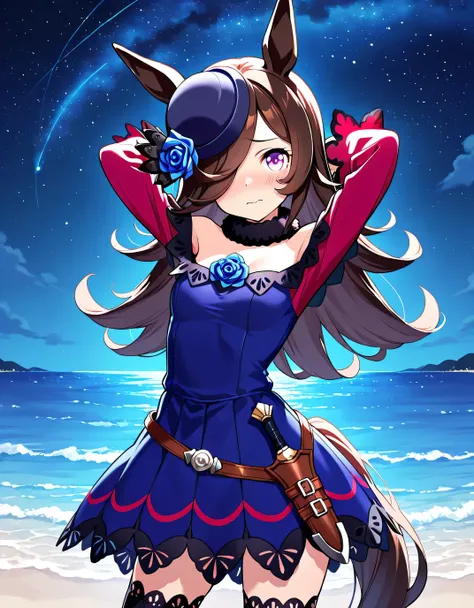 aarice, animal ears, horse tail, purple eyes, brown hair, hair over one eye, blue headwear, hat flower, tilted headwear, fur collar, blue dress, off-shoulder dress, blue rose, red sleeves, dagger, black thighhighs, high quality, solo, cowboy shot, (contrap...