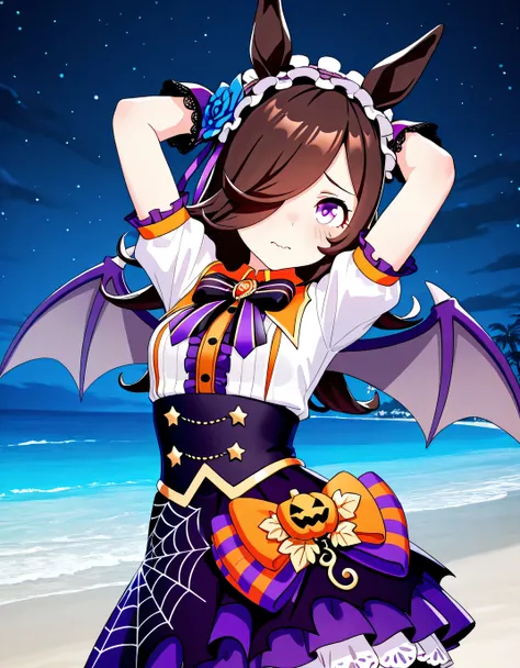 ccrice, animal ears, horse tail, purple eyes, brown hair, hair over one eye, halloween costume, bat wings, frilled hairband, hair flower, blue flower, white shirt, center frills, black bow, striped bow, brooch, puffy short sleeves, purple skirt, high-waist...