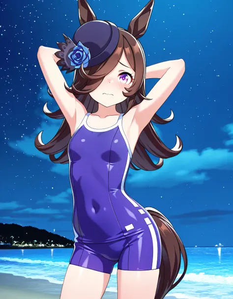 ddrice, animal ears, horse tail, purple eyes, brown hair, hair over one eye, blue headwear, hat flower, tilted headwear, tracen swimsuit, competition school swimsuit, single vertical stripe, 3d, high quality, solo, cowboy shot, (contrapposto), (arms behind...