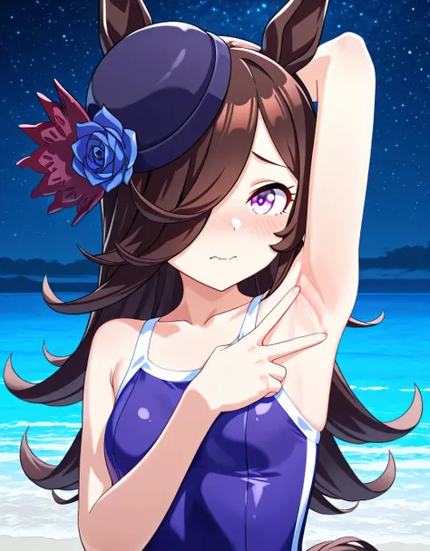 ddrice, animal ears, horse tail, purple eyes, brown hair, hair over one eye, blue headwear, hat flower, tilted headwear, tracen swimsuit, competition school swimsuit, single vertical stripe, 3d, high quality, solo, upper body, (contrapposto), <lora:spread-...