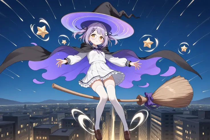 (best quality,amazing quality,very aesthetic,absurdres,newest,4k,8k), shinomiya runa, virtual youtuber, 1girl, solo, purple hair, two side up, short hair, hair ribbon, black ribbon,hair ornament, hairclip, small breasts,(short stature:0.5), big magic hat, ...