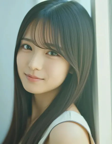 Raw photo, reality, ((bangs, dark brown wavy semi-long hair: 1.7)), ((focus on face)), ((close-up)), front view, Japanese woman, ((kissing face: 1.7)), ((off-the-shoulder outfit)), unedited, live-action, authentic, cute young girl, beautifully reflective e...