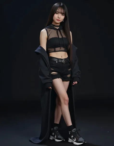 High quality, 4K, BREAK (black theme: 1.4), (sleeveless black hoodie: 1.4), ((shoulders and arms exposed): 1.3),
BREAK (damaged micro denim shorts: 1.4), (earrings: 1.2), (sports shoes: 1.1), (NSFW: 1.5), (see-through: 1.5), (sleeves: 1.5),