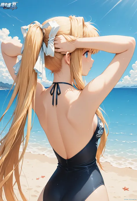 masterpiece,top quality, Super Detailed,Japanese anime style, girls, solo, Blonde, kamio misuzu, , facing Backwards, Back, Stretching Your Arms, Sandy Beach, blue sea, Blue Sky,  logo,