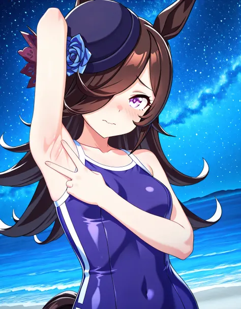 ddrice, animal ears, horse tail, purple eyes, brown hair, hair over one eye, blue headwear, hat flower, tilted headwear, tracen swimsuit, competition school swimsuit, single vertical stripe, 3d, high quality, solo, upper body, (contrapposto), <lora:spread-...