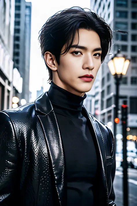 A 21-year-old Asian man, Thick eyebrows, Melon seed face, Handsome face, Men's full body, The background city night street view, Time is night, Deep blue sky, A full moon, his skin is fair, He is slender, the limbs have pronounced muscle lines, high-defini...