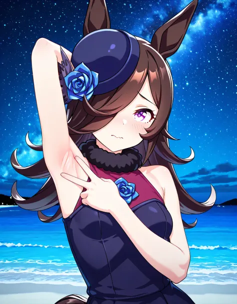 aarice, animal ears, horse tail, purple eyes, brown hair, hair over one eye, blue headwear, hat flower, tilted headwear, fur collar, sleeveless, blue rose, 3d, high quality, solo, upper body, (contrapposto), <lora:spread-armpit-illustriousxl-lora-nochekais...
